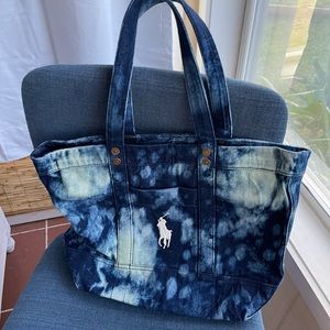Ralph Lauren Denim tote with external pocket.